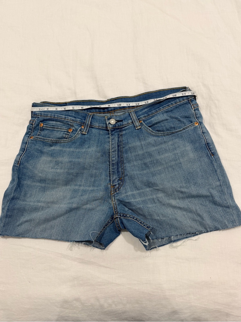 Upcycled Levi's Medium Blue Frayed Hem Denim Shorts 36 inch waist